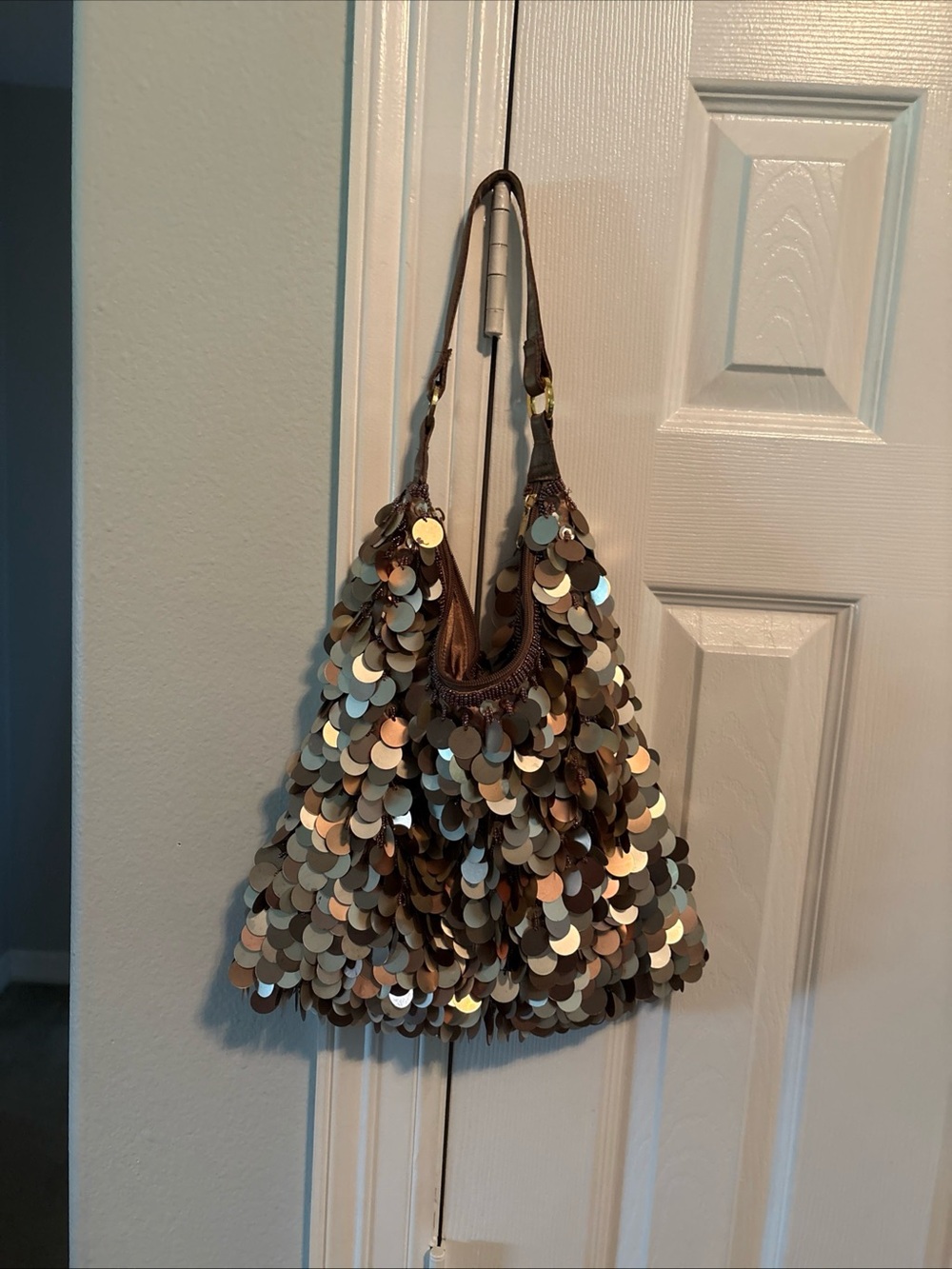 Sequin Accent Brown Shoulder Bag